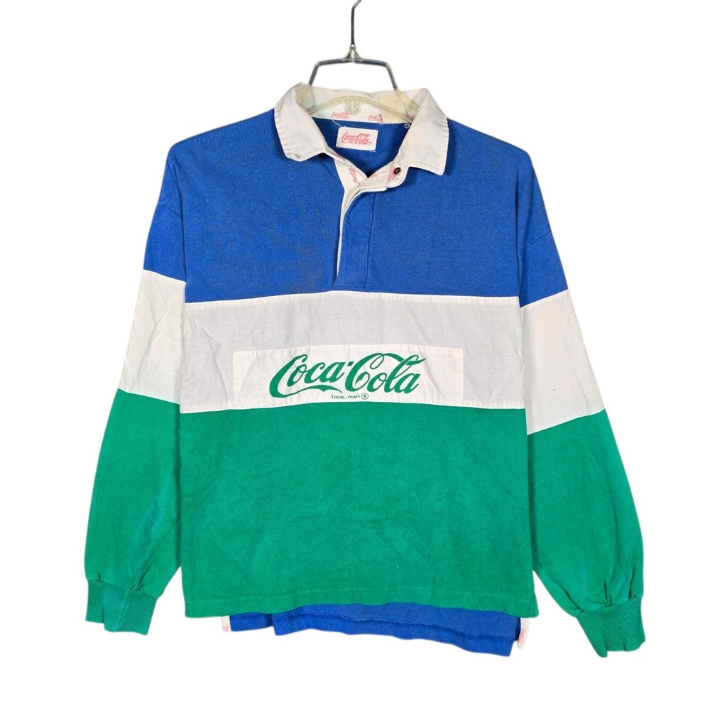 Vintage 80s Coca-Cola Rugby Shirt Mens Large Green Blue Long Sleeve Polo Logo